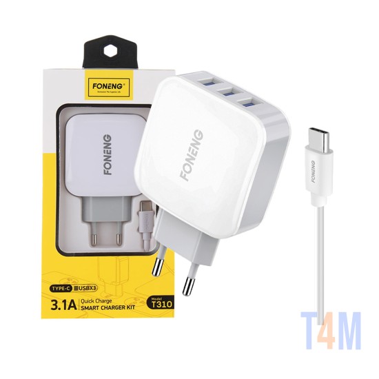 Foneng Fast Charger Adaptor T310 with Type C Cable 3 USB 3.1A White